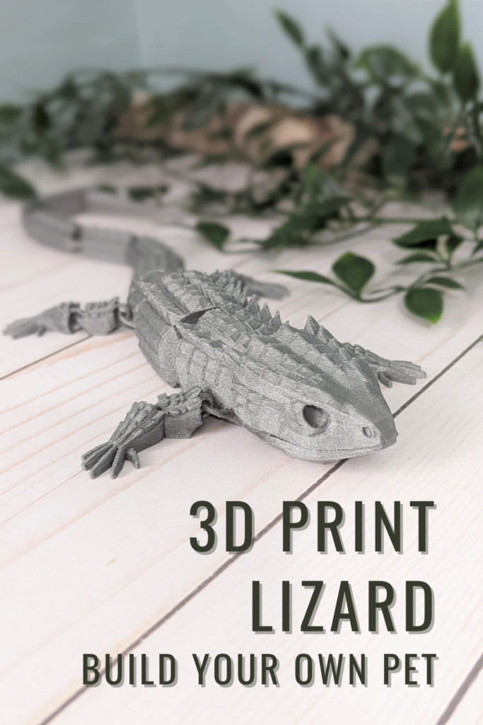 3d print lizard next to greenery and text overlay.